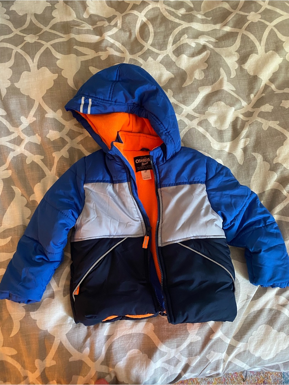 OshKosh B’gosh Blue and Orange Puffer Hooded Coat Boys 4T